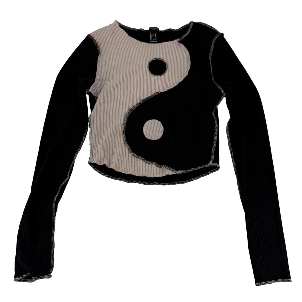Forever 21 Yin Yang Patchwork Ribbed Crop Top Long Sleeve Black Tan Medium